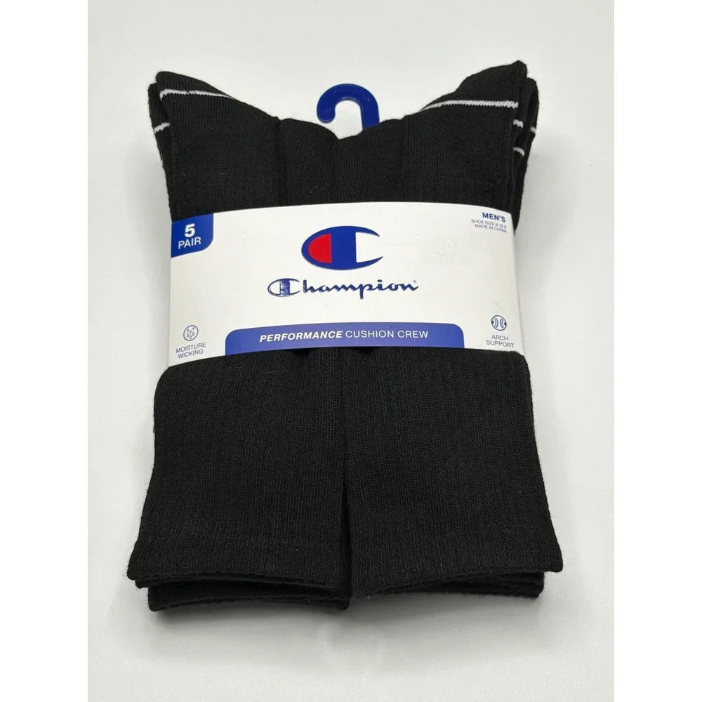 Champion Mens Black‎ Performance Cushion Crew Socks 5 Pair Pack Shoe Size 6-12
